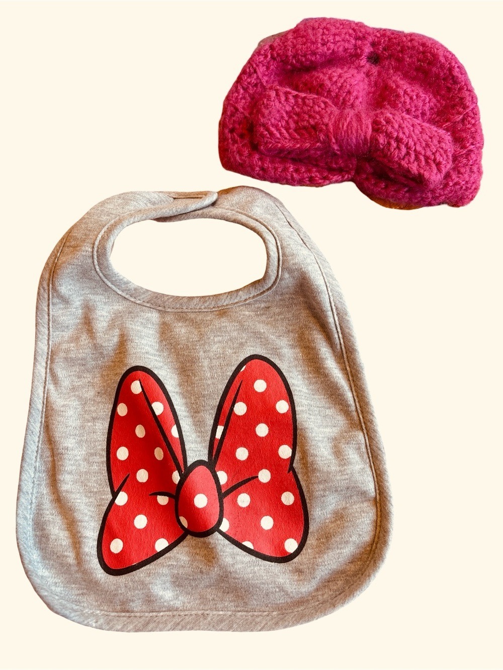 Pink Knit Headband and Disney Gray Bib with Red Polka-Dot Bow